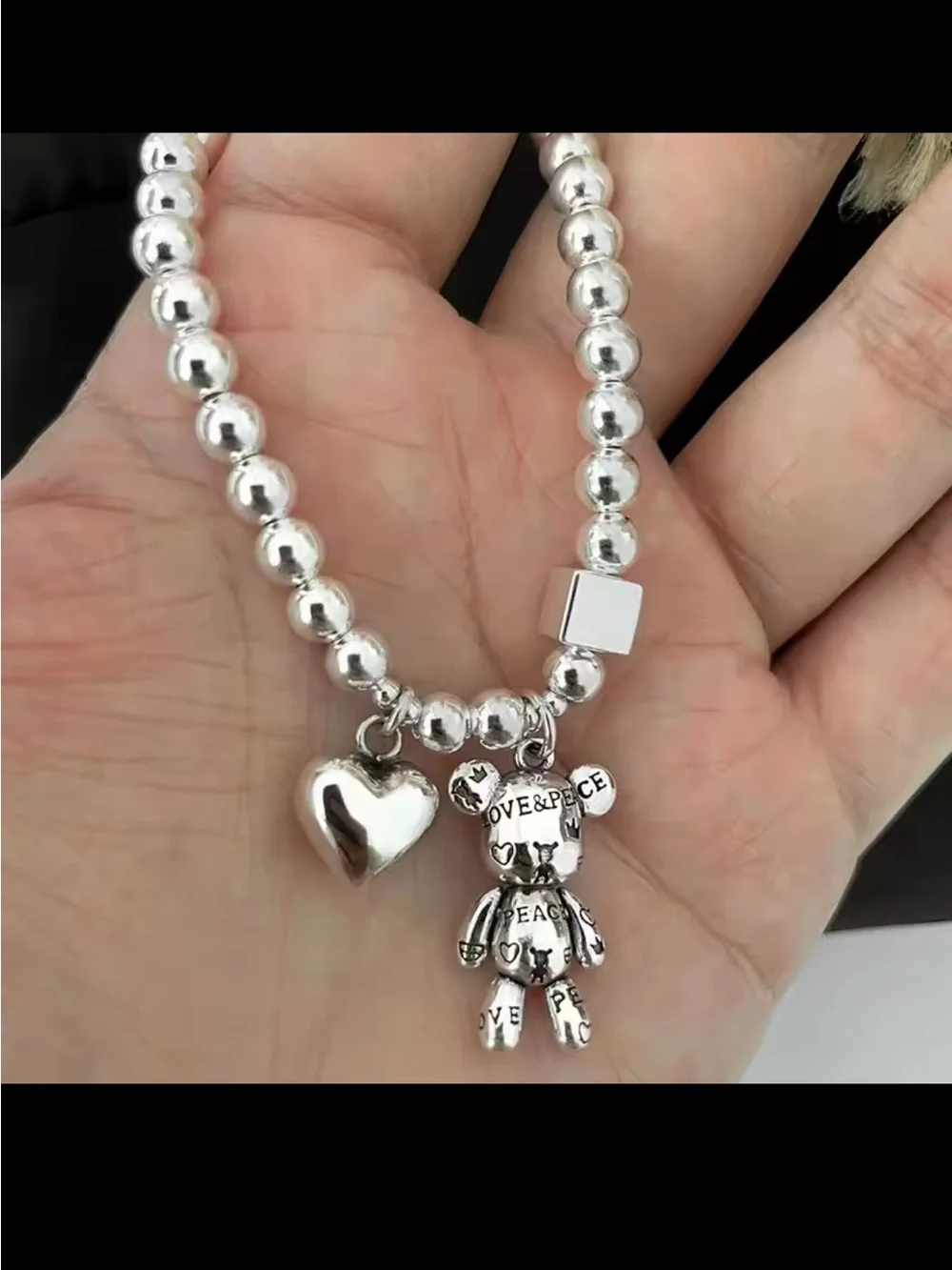 Silver Beaded Bracelet with Teddy & Heart Charms